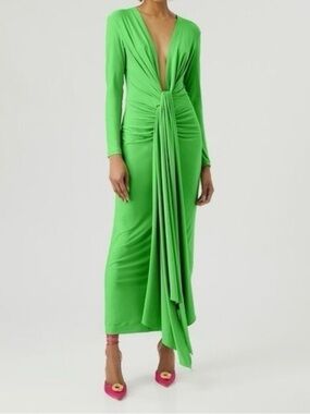 Solace London Emerald Green Long-Sleeve Twist-Front Midi Dress